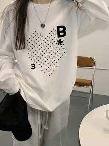 Women's Fashion Autumn/Winter Loose Minimalist Versatile Letter & Heart Print Long Sleeve T-Shirt - White - View 6