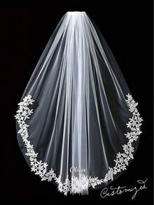 Letter Print Cathedral Style Bridal Veil (With Metal Hair Comb), Single Layer White Soft Tulle Wedding Accessory, Classic Fashionable Wedding Outfit Item, Suitable For Wedding Styling And Pre-Wedding Party - Multicolor - View 2