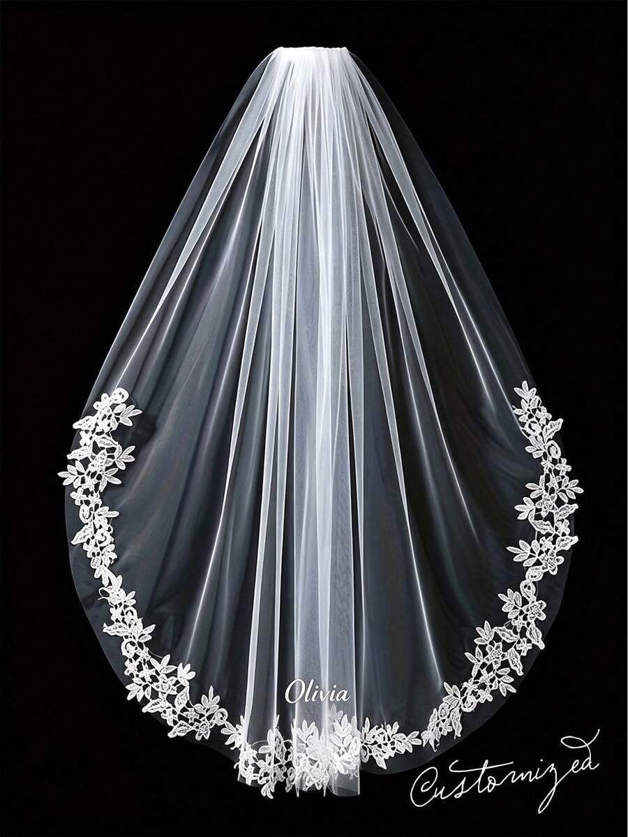 Letter Print Cathedral Style Bridal Veil (With Metal Hair Comb), Single Layer White Soft Tulle Wedding Accessory, Classic Fashionable Wedding Outfit Item, Suitable For Wedding Styling And Pre-Wedding Party