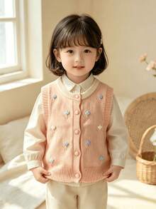WUHUANG YIYI Baby Girls Sweet Cute Style Contrast Solid Color Handmade Flower Applique Decor Round Neck Sweater Vest Cardigan Loose Fit Daily Outing Autumn - Baby Pink - View 5