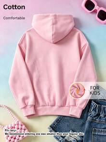 Kids Casual Long Sleeve Strawberry Flower Letter Graphic Hoodie With Drawstring, Drop Shoulder Pullover Sweatshirt For Fall Streetwear - Pink - View 2