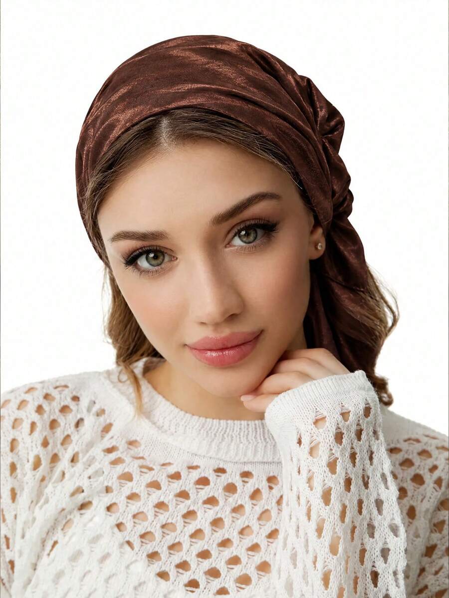 1PC Bandana Women's Solid Color Printed Square Scarf, Baotou Scarf, Binding Bag, Decorative Silk Scarf, Suitable For Daily Use - Coffee Brown - View 1