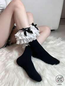 1 Pair Vintage Double Layer Lace Trim Mid-Calf Socks, Black Bow Sweet Slimming Mid-Calf Socks - Black - View 2