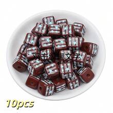 10pcs 15mm Autumn/Winter Brown Square Acrylic Beads With Blue Printed Pattern, DIY Jewelry Making Materials For Bracelets, Necklaces, Keychains, Bag Charms - Brown - View 11