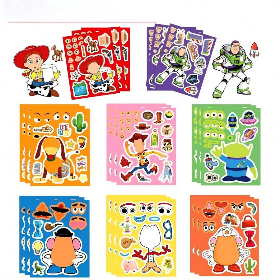 1套/8件玩具 DIY 貼紙組，生日派對用品禮物、新年禮物、萬聖節禮物、聖誕禮物、復活節禮物，卡通角色換裝貼紙，派對互動手工玩具，趣味創意拼貼遊戲，主題派對互動道具，適合各種主題派對場景 - 彩色 - 查看 1