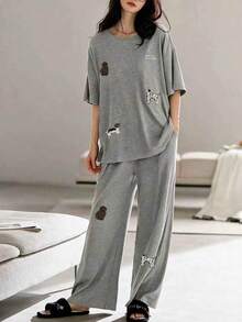 2pcs/Set Women's Pajamas Loungewear Set, Cute Puppy Pattern Simple Pullover Round Neck Short Sleeve Long Pants, Easy Care Fabric - Grey - View 3