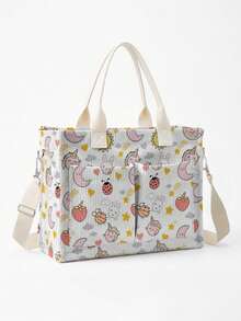 1pc Cute Cartoon Patterns Print Corduroy Multi-Pocket Large Capacity Storage, Snap Button Closure, Shoulder Tote Bag For Student Daily Commute School - Multicolor - View 6