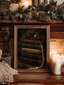 1pc Framed Canvas Wall Art Decor, Vintage Stacked Christmas Books And Pine Branch Ornament Print, Dark Academia Rustic Holiday Wall Hanging, Aesthetic Atmosphere Home Decor, Modern Home Decoration, Room Decor, Dorm Decor, Bedroom Decor, Bathroom Decor, Kitchen Decor, Dining Room Decor, Living Room Decor, Office Decor - Books - View 1