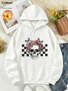 Women's Pure Cotton Hoodie, Autumn/Winter Warm Lining Long Sleeve Loose Fit, Floral Butterfly Print, Drawstring Design - White - View 3