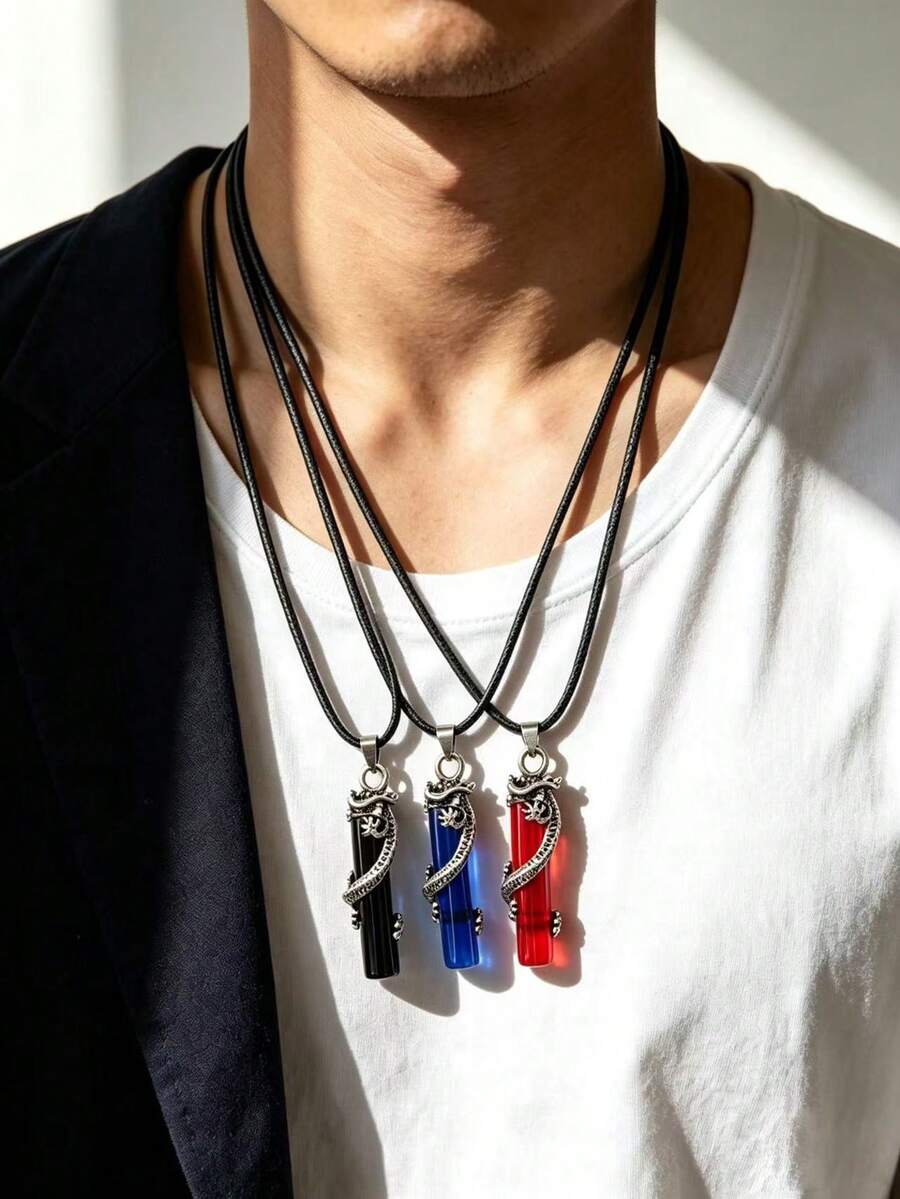 1pc Vintage Simple Dragon Pillar Pendant Necklace For Men - Antique Silver - View 1