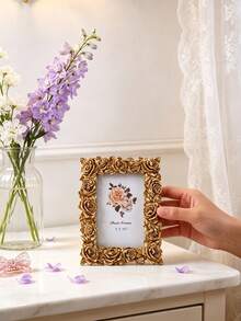1pc Gold Rose Border Rectangular Photo Frame, European Style Resin Material Decorative Photo Frame, Embossed Photo Frame, Rose Tabletop Frame, Luxury Photo Holder, Gilded Vertical Frame, Can Be Placed Horizontally Or Vertically, Suitable For Decorating Photos And Photo Frames, Gift Photo Frame, Wedding Photo Frame - Gold - View 8