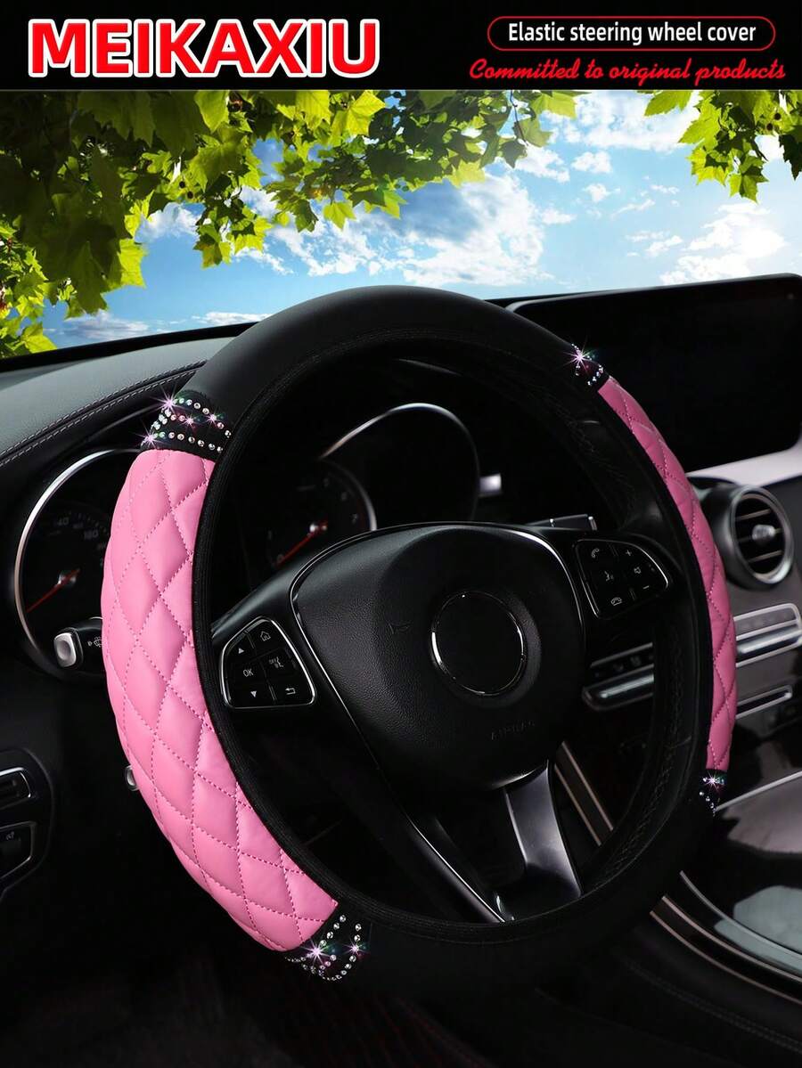 MEIKAXIU Artificial PU Soft Leather 3D Embroidered Rhinestone Bling Bling Elastic Car Steering Wheel Cover Without Inner Ring, Suitable For 14.5-15 Inch Car Interior Accessories - Soft Leather Rhinestone Four-piece Set - View 1