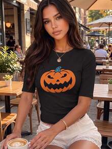 Kaos Rajut Lengan Pendek Leher Tinggi Motif Halloween untuk Wanita, Pakaian Wajib Musim Gugur - Hitam - View 3