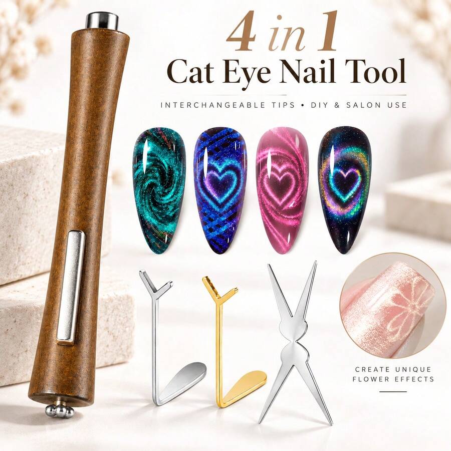 Beautizon Nailartlab 1件/4件 4合1纖細腰線強效貓眼凝膠美甲磁鐵，多功能UV凝膠指甲油花卉美甲工具磁棒，適用於居家美甲沙龍DIY，美甲用品，美甲工具，美甲藝術工具，返校季，美甲藝術，美甲工具，美甲貼片工具，美甲足部護理工具