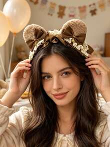 2/1pc Cute Plush Bear Ear Headband With Lace Ruffle Satin Ribbon Bow And Bell, Sweet Lolita Birthday Party Cosplay Cute Animal Theme Party Hair Accessory For Women - Multicolor - View 2