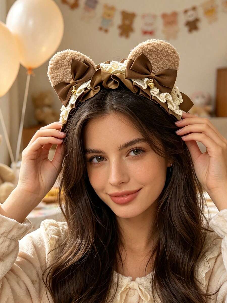 2/1pc Cute Plush Bear Ear Headband With Lace Ruffle Satin Ribbon Bow And Bell, Sweet Lolita Birthday Party Cosplay Cute Animal Theme Party Hair Accessory For Women - Multicolor - View 1