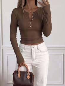 GLAMSKIN Top court à manches longues avec col Henley et boutons pour femmes, été/automne, coupe slim, t-shirt en tricot décontracté, rentrée scolaire, sortie, streetwear quotidien - Camel - Voir 11