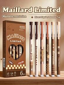 6pcs Maillard Limited Edition Direct Liquid Neutral Pens Set, Needle Tip Quick-Dry Black Ink Pens, Vintage Brown High-Aesthetic Smooth Writing Ballpoint Pens, Retro Ins Style Student Exam Practice & Note-Taking Stationery - Sets - View 1