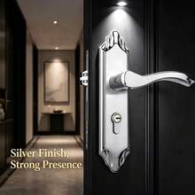 1 Set Stainless Steel Main Door Lock, Consisting Of Two Door Handles And Lock Body With Lock Cylinder, Comes With 3 Keys, Suitable For Bedroom, Large Room, Kitchen, Main Door, Oval Door Handle For Easy Use, Exquisite Craftsmanship, Shiny Silver Color, Perfect Overall Effect - Silver - View 5