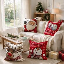 4Pcs Christmas Throw Pillow Covers, Santa Claus Reindeer Snowman Snowflake Pattern Decorative Cushion Cases For Sofa Couch Holiday Home Decor, Single Sided Print, Pillow Inserts Not Included - Red - View 1