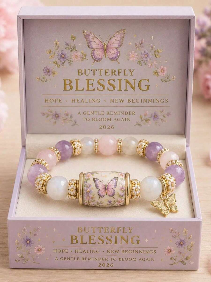 1件蝴蝶吊墜手鍊,琺瑯花珠與粉紫金色珠飾手鍊,浪漫鄉村風女性珠寶,畢業生日禮物 - 紫色 - 查看 1