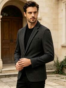 Blazer Pria Motif Houndstooth, Gaya Klasik Klasik, Potongan Slim Fit, Kancing Tunggal, Kerah Berlekuk, Jaket Jas Elegan, Serbaguna untuk Berbagai Acara, Hadiah untuk Pacar - Dark Grey - View 1