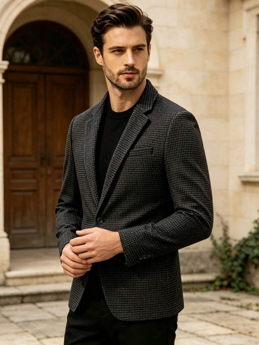 Blazer Pria Motif Houndstooth, Gaya Klasik Klasik, Potongan Slim Fit, Kancing Tunggal, Kerah Berlekuk, Jaket Jas Elegan, Serbaguna untuk Berbagai Acara, Hadiah untuk Pacar - Dark Grey - View 1