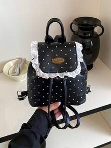 1pc Girls Polka Dot PU Drawstring Closure Vintage Backpack Suitable For All Seasons Daily Use - A - View 10