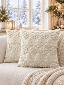 1pc Beige Christmas Tree & Snowflake Pattern Pillowcase, Textured Filled Decorative Throw Pillow Cover, Suitable For Sofa, Bedroom And Living Room Holiday Winter Home Decor, Pillow Insert Not Included - Beige - View 2