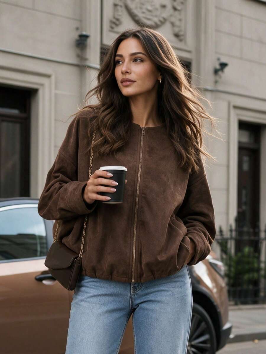 Women's Brown Suede Jacket, Suitable For Autumn, Winter, Spring, Loose Baseball Style, Oversized Casual Street Vacation Daily Wear, Long Sleeve Full Zip Pocket Baseball Collar Women's Jacket, Flight Jacket - Rust Brown - View 1