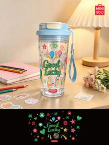 MINISO Transparent Water Cup, Cute Little Goldfish Pattern Coffee Cup, Clean And Refreshing, 550ML Transparent Water Cup, Straw, Travel, Easy To Carry; Valentine's Day Gift. - Baby Blue - View 4