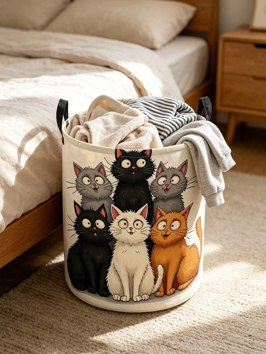 Large Capacity Foldable Cat Laundry Basket With Handle - Cute Tabby Cat Face Storage Bin, Dirty Clothes Organizer, Portable Polyester Storage Bag, Suitable For Bedroom, Dorm, Room - Space-Saving Laundry Basket, Essential Home Helper - Multicolor - View 1