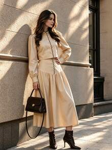 Fall Vintage Apricot Crop Top, Elegant Ruffle Neck Puff Sleeve Blouse, Wavy Trim Button Down Shirt For Fall Winter - Apricot - View 1