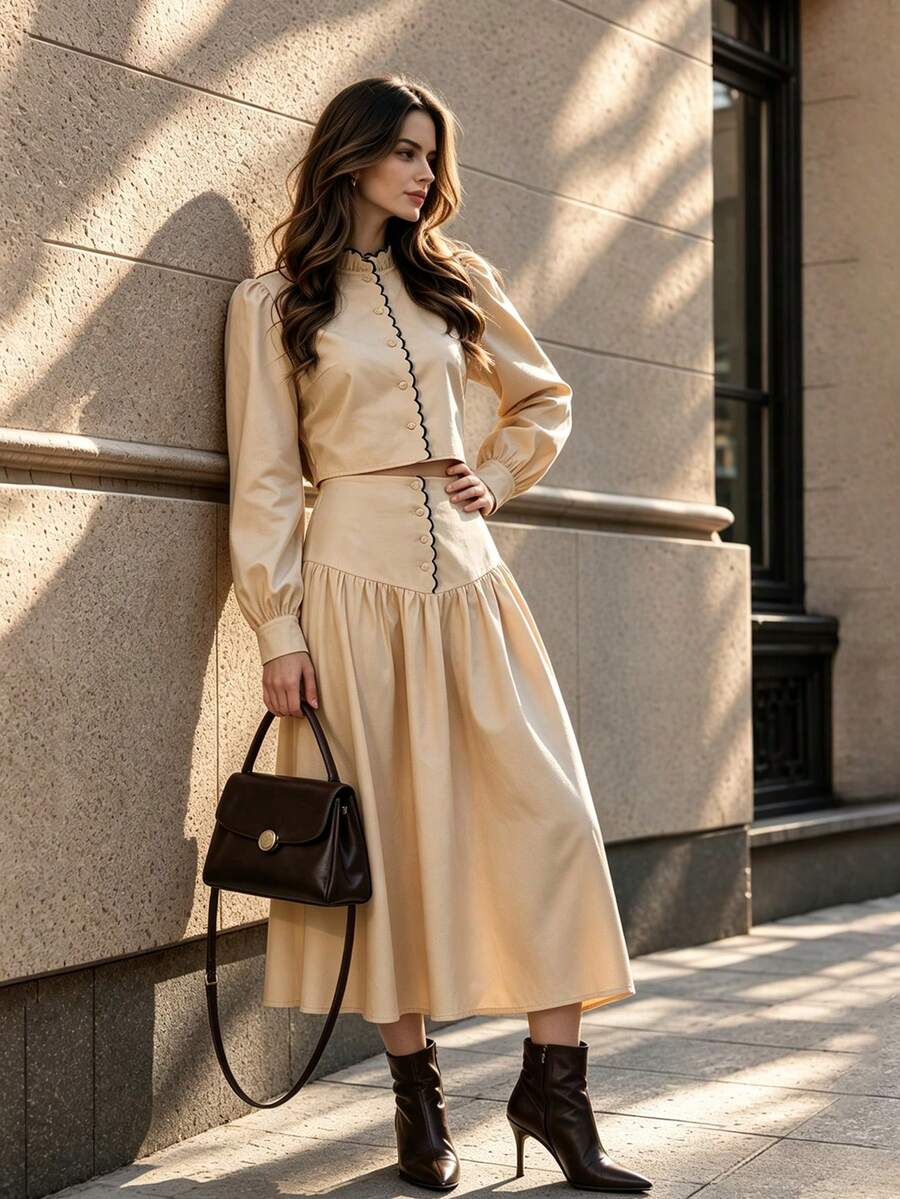 Fall Vintage Apricot Crop Top, Elegant Ruffle Neck Puff Sleeve Blouse, Wavy Trim Button Down Shirt For Fall Winter - Apricot - View 1