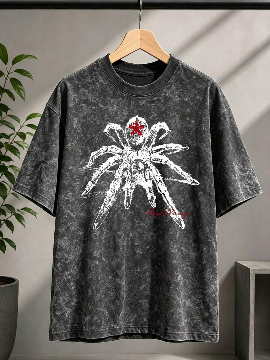 Men's Solid Color Washed Short Sleeve T-Shirt, American Street Style Distressed Tie-Dye Wash "Spider" And English Design Print Short Sleeve T-Shirt - Black - View 1