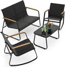 Juego de Muebles de Patio de 4 Piezas Negro 108x73.4x81.5 cm| Juego de Conversación para Exteriores con Sofá de 2 Plazas 2 Sillones y Mesa de Centro de Vidrio| Asiento de Tela Transpirable con Brazos de Madera| para Patio y Balcón| Fácil de Armar - Negro - Ver 1