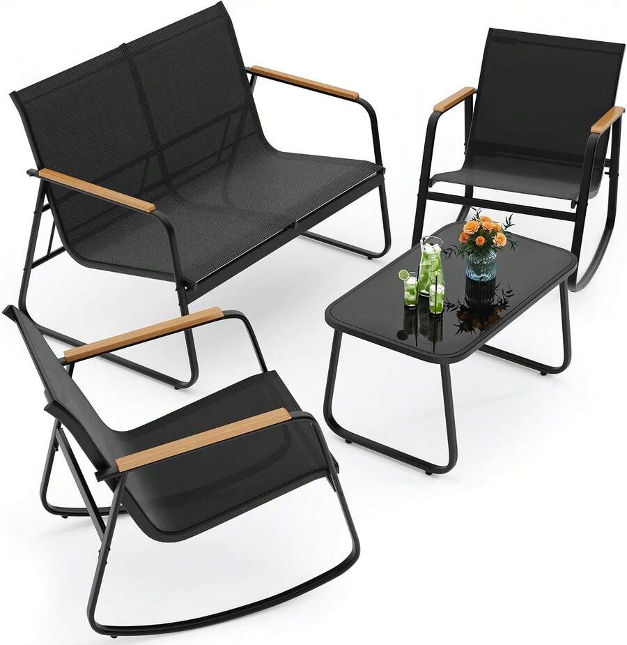 Juego de Muebles de Patio de 4 Piezas Negro 108x73.4x81.5 cm| Juego de Conversación para Exteriores con Sofá de 2 Plazas 2 Sillones y Mesa de Centro de Vidrio| Asiento de Tela Transpirable con Brazos de Madera| para Patio y Balcón| Fácil de Armar - Negro - Ver 1