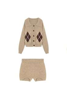 College Style Retro Lapel Argyle Knit Cardigan Women Fashion Set High Waist Bodycon Shorts - Khaki - View 8
