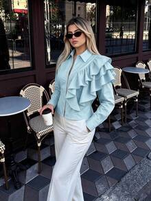 Women's Fashion Elegant Zipper Long Sleeve Jacket, Asymmetric Ruffle Layered Design, Spring/Autumn Style, Suitable For Daily Wear And Travel - Baby Blue - View 5