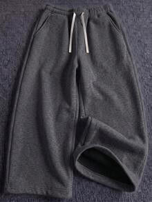 Men's Loose Fit Thermal Lined Wide Leg Sweatpants, Elastic Waist Drawstring Straight Leg Long Pants, Thickened Casual Pants With Pockets, Dark Gray For Autumn/Winter Daily Streetwear And Outdoor Wear - Dark Grey - View 2