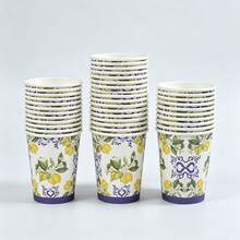 10/25pcs Lemon Blue Floral Disposable Paper Cups, Mediterranean Lemon Pattern Party Drinking Cups, Tableware For Summer Picnic, Birthday Party, Baby Shower, Wedding & Garden Party Decor Supplies - Multicolor - View 2