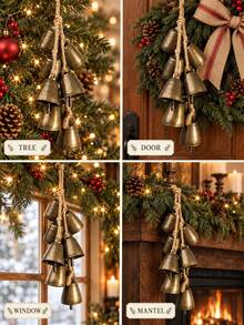 Vintage Antique Bronze Clock Christmas Hanging Ornament With Yellow Hemp Rope, Rustic Farmhouse Style Holiday Decor, Soothing Bell, Easy To Hang On Christmas Tree, Doors And Windows, Winter Gift - Christmas Bell Ornament - View 2