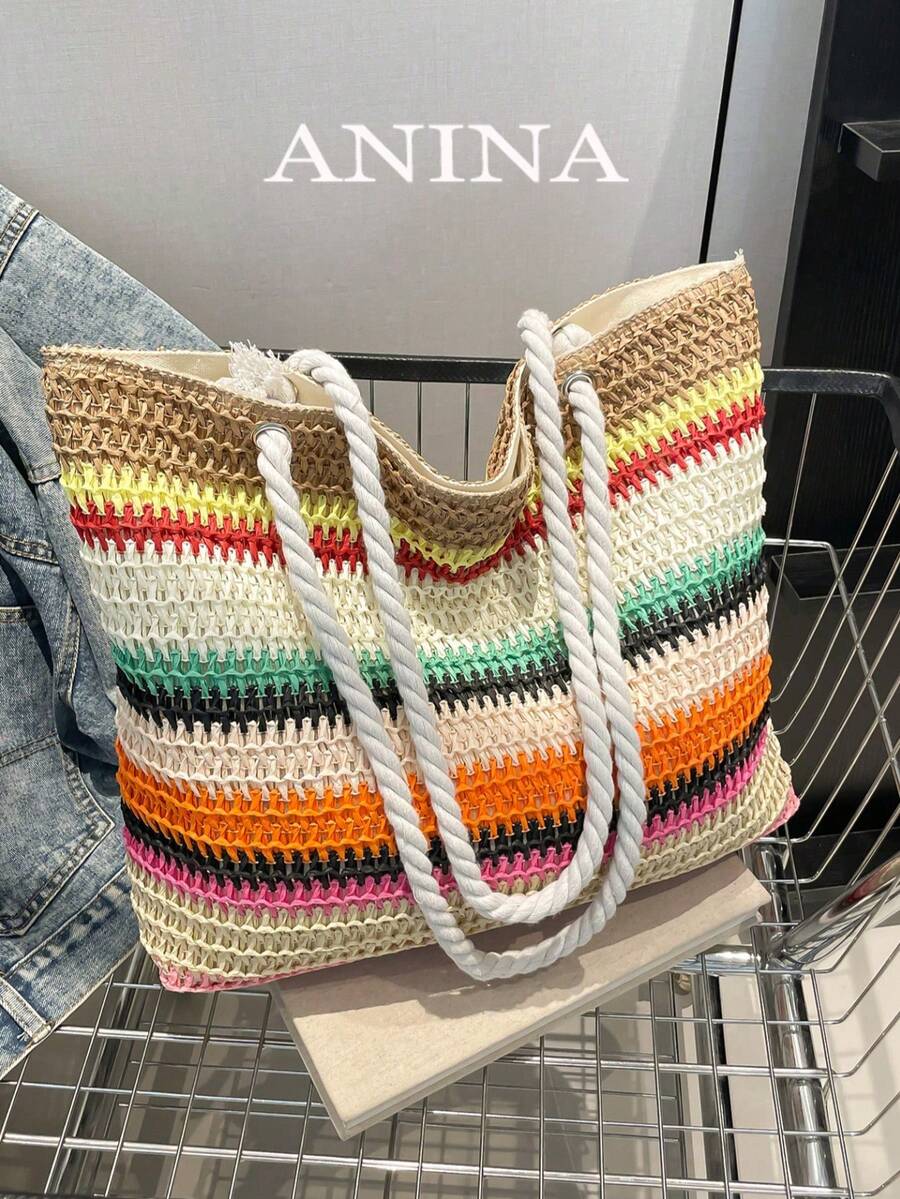 Summer Beach Vacation Stylish Large Capacity Straw Tote Bag, Fashionable Casual Shoulder Bag