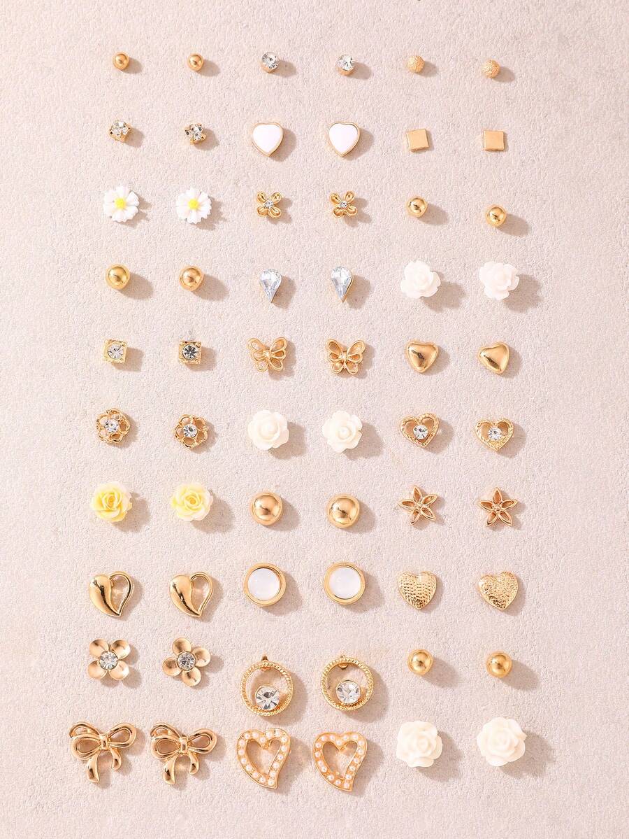 30對女孩耳環套組,珍珠心形花朵貝殼混色金色小耳釘,適合女孩日常裝飾 - 彩色 - 查看 1