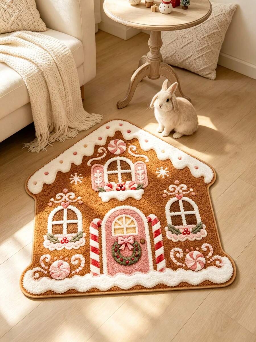 1pc Gingerbread House Shaped Christmas Holiday Decorative Floor Mat, Warm And Soft Decorative Floor Mat, Perfect For Daily Home And Holiday Decoration, Decorative Rug, Bedroom Decor, Small Rug, Carpet, Home Decor, Living Room Rug, Living Room Small Rug, Bedroom Rug, Living Room Home Decor, Outdoor Rug, Washable Rug - Multicolor - View 1