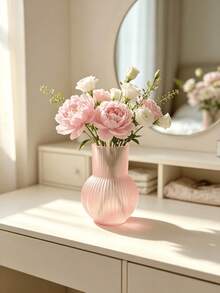 1pc Vertical Stripe Semi-Transparent Vase, Round Bulbous Shape, Soft Pink And White Dual Color Options, Transparent Texture, Stable Bottom Anti-Tip, Living Room Bedroom Desktop Soft Decor, Atmospheric Home Ornament, Exquisite Gift Item - Translucent - View 6