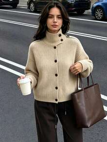 DEEKA Autumn/Winter New Women's European And American Style Fashion Minimalist Versatile High Neck Knit Cardigan Jacket - Khaki - View 1