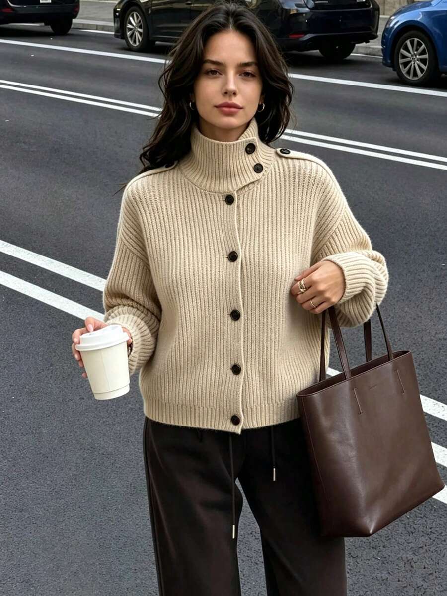 DEEKA Autumn/Winter New Women's European And American Style Fashion Minimalist Versatile High Neck Knit Cardigan Jacket - Khaki - View 1