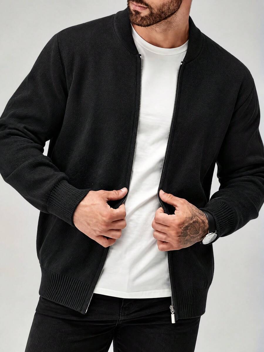 Black Cardigan Sweater, Mature Style, Round Neck, Knitted Jacket, Men's Full Zip, Ribbed Cuffs, Casual Daily Wear, Long Sleeve Open Front - Black - View 1