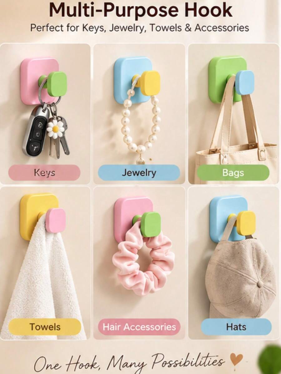2pcs Creative Macaron Square No-Drill Key Holder Hooks, Multi-Function Wall Adhesive Storage Hooks, Foldable Rotating Hooks For Keys, Umbrellas, Tissues, Bags And Small Items, Home Storage Organizer For Entryway, Bedroom, Bathroom - Multicolor - View 1